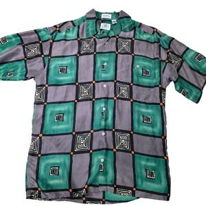 Burma Bibas 100% Silk Geometric‎ Print Short Sleeve Button Up Shirt Mens M
